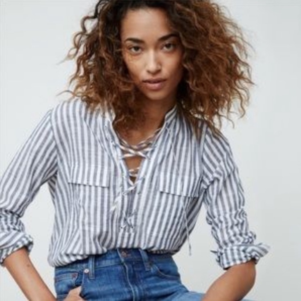 J. Crew Striped Lace-Up Long Sleeve Blouse Blue White Casual Linen Blend Sz‎ M
